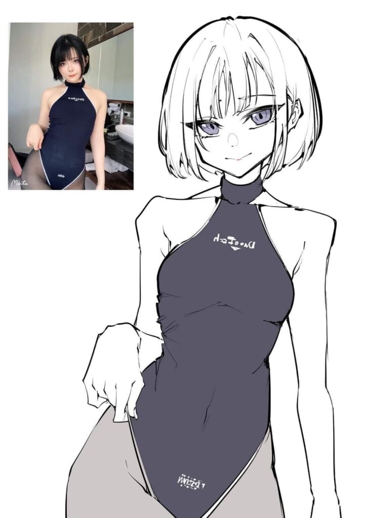 Anime-style character and real-life person wearing a similar dark one-piece outfit. Minimalist art comparison.