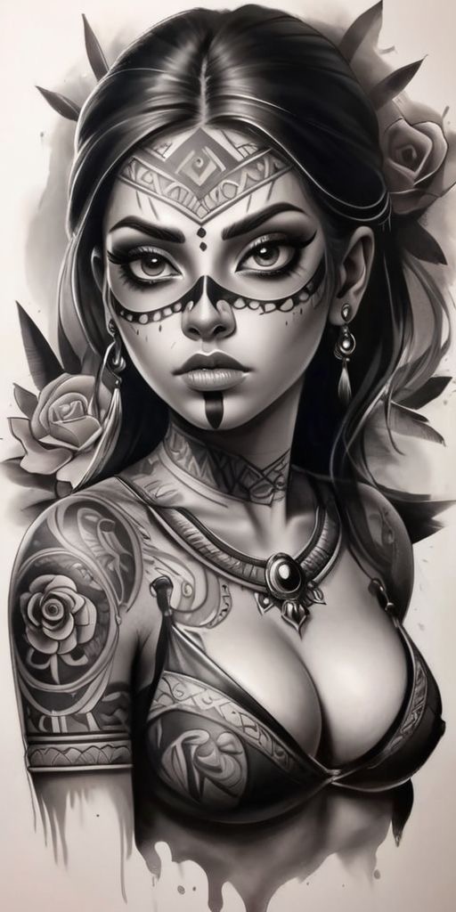 Tattooed woman in grayscale with intricate designs on face and body, wearing jewelry and surrounded by roses.