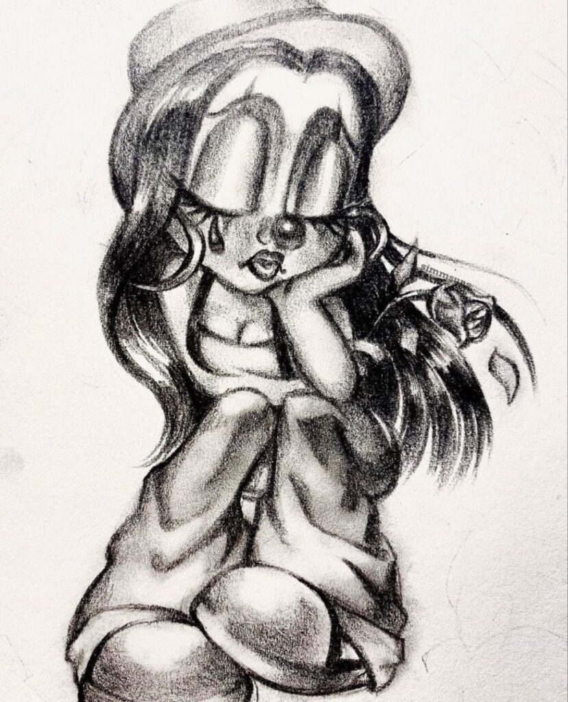 Abstract pencil drawing of a sad cartoon character with long hair and a hat holding a rose.