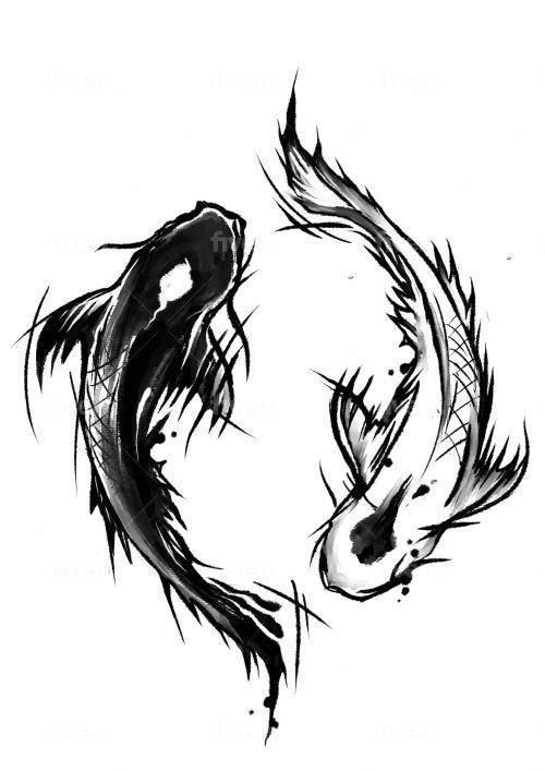 Black and white koi fish illustration in yin-yang style, symbolizing harmony and balance.