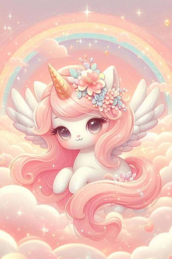 Cute kawaii unicorn with pink mane, flower crown, and wings surrounded by clouds and a rainbow in pastel colors.