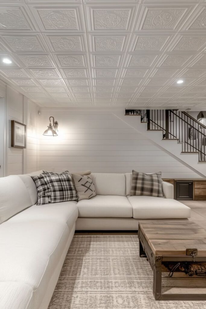 Stylish living room with sectional sofa, plaid pillows, wooden coffee table, and elegant white paneled walls and ceiling.