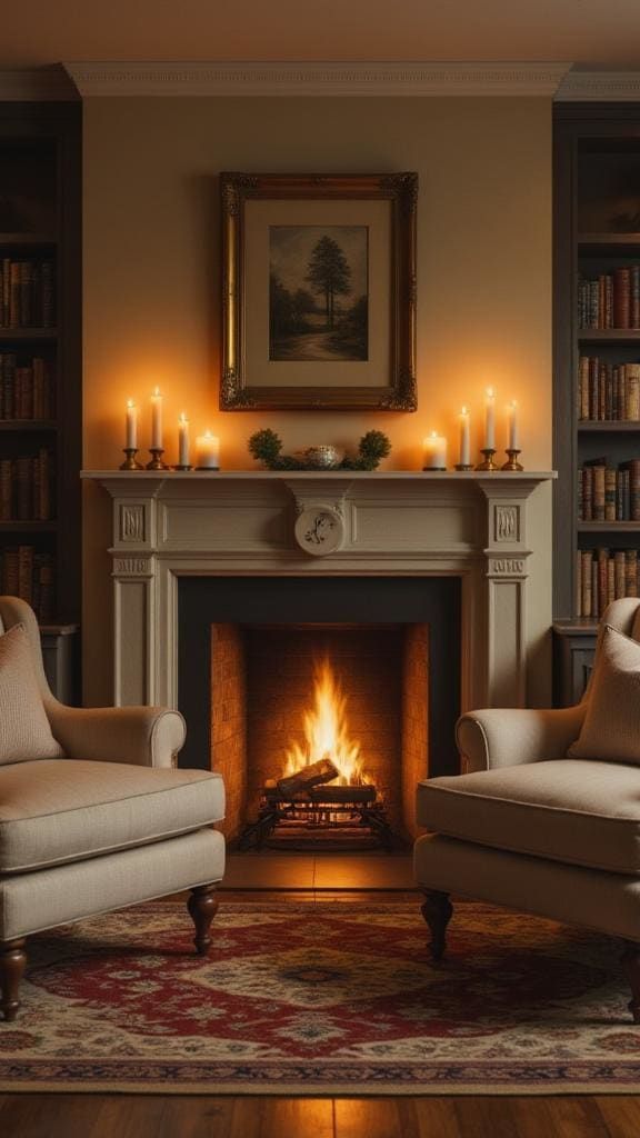 Cozy living room with a lit fireplace, two armchairs, bookshelves, and candles on the mantel.