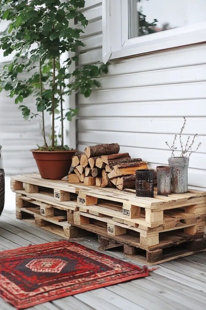 Wood pallets stacked with firewood, a potted plant, and metal cans next to a white house on a porch with a red rug.