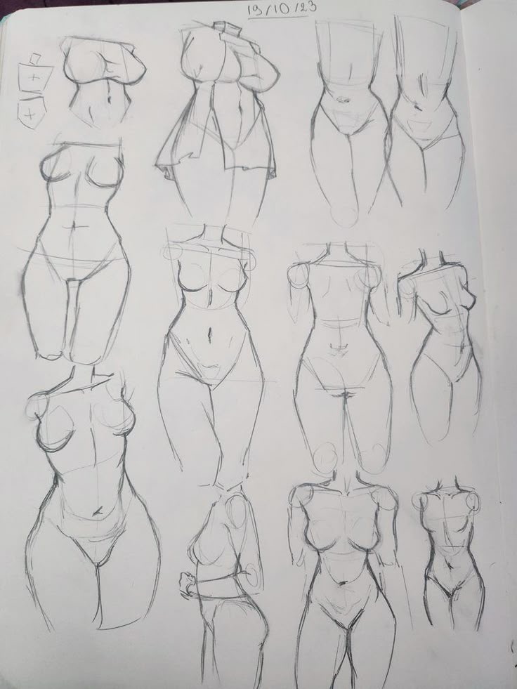 Sketches of various female figure poses on a white background, highlighting form and structure for art practice.