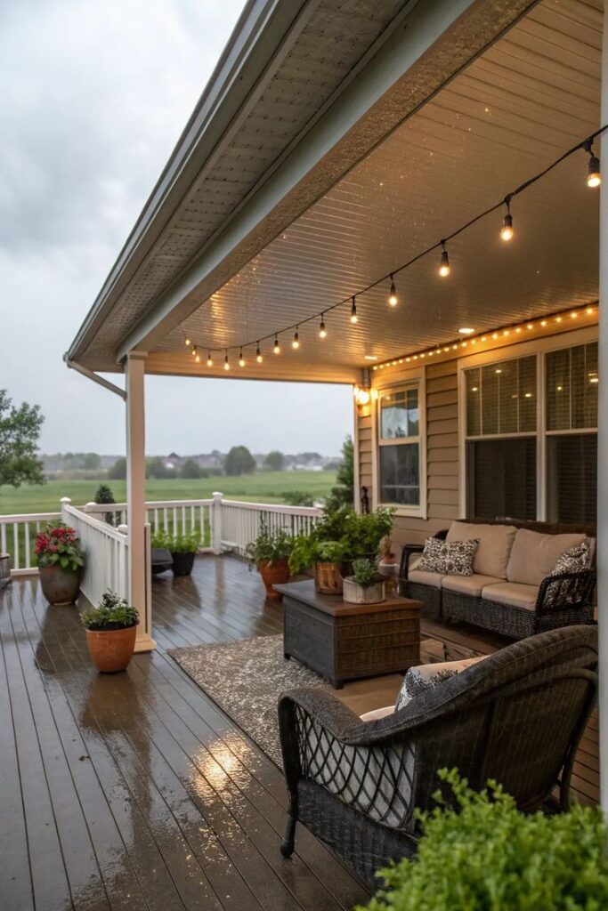 Cozy patio with string lights, plants, and outdoor seating on a rainy day, overlooking lush greenery.