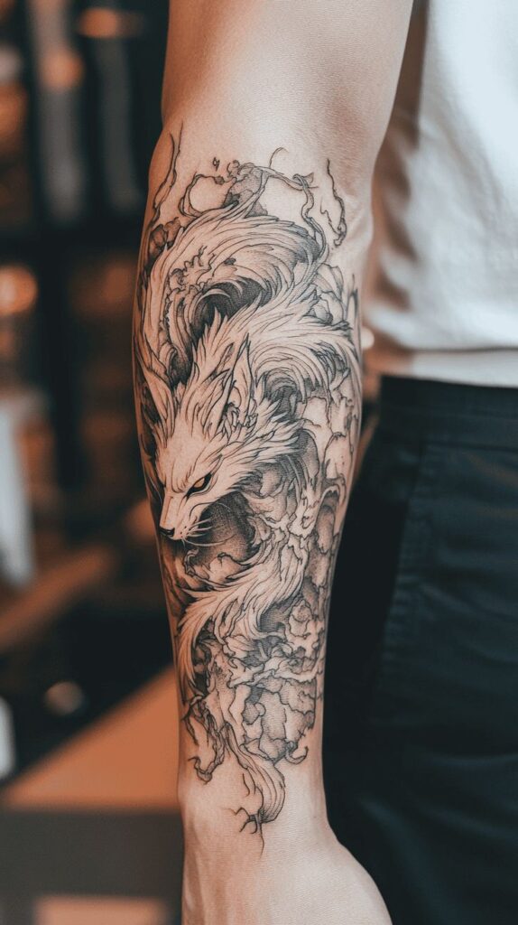 Intricate fox tattoo design on forearm, showcasing detailed, flowing artwork with a mystical theme.