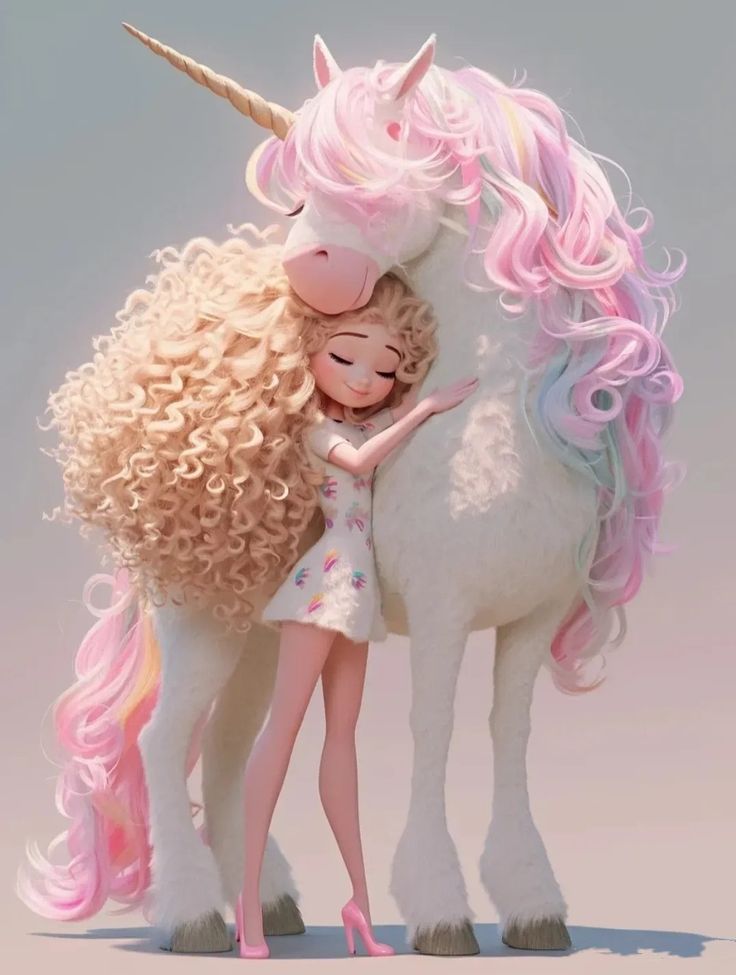 Animated girl hugging a unicorn with a colorful mane, symbolizing fantasy and friendship.