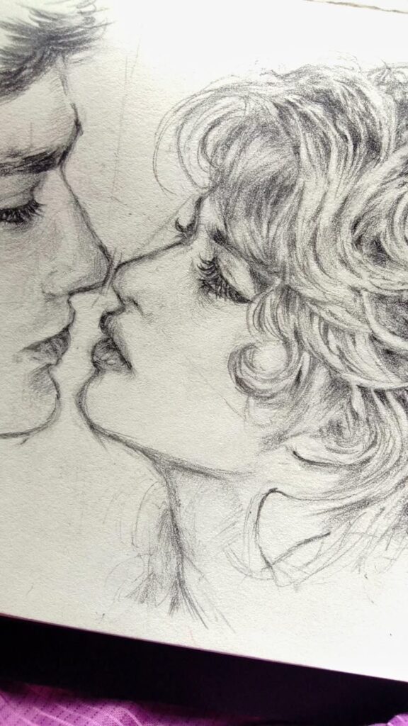 Pencil sketch of a couple about to kiss, detailed hair and facial expressions, capturing romance and intimacy.