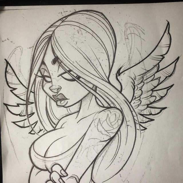 Illustrated angel woman with long hair and tattoo, sketched in black and white, with detailed wings.