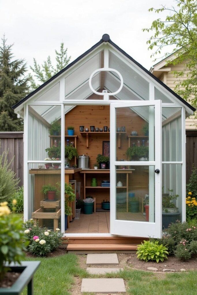 Charming backyard greenhouse filled with potted plants and gardening tools, surrounded by lush greenery.