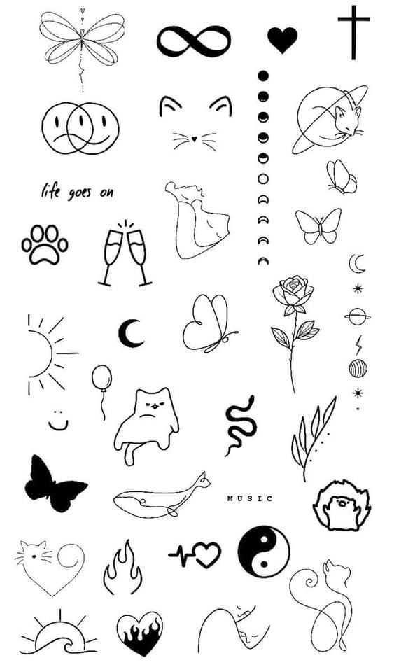 Minimalist tattoo designs featuring symbols like infinity, butterfly, cat, yin-yang, and rose for creative inspiration.