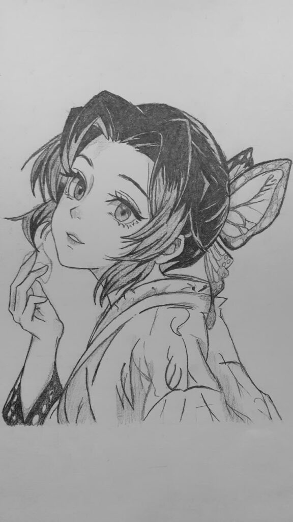 Black and white anime sketch of a female character with large eyes and a butterfly hair accessory.