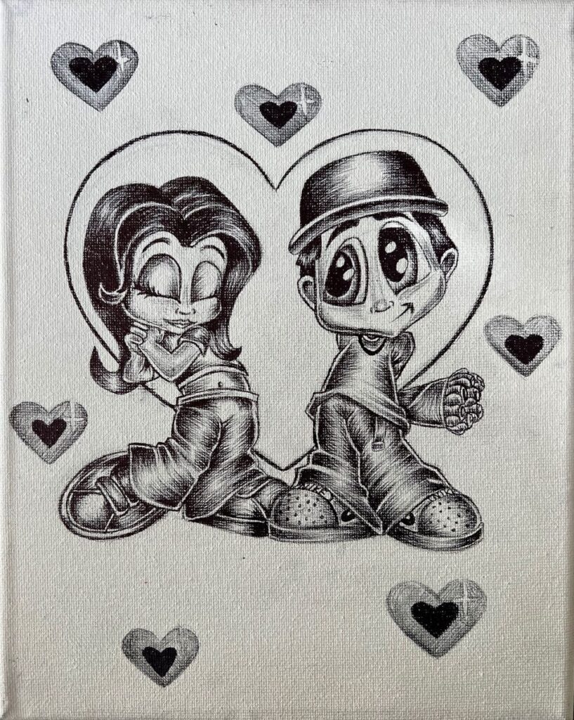 Cartoon couple in love, surrounded by hearts, sketched in black and white with playful expressions.