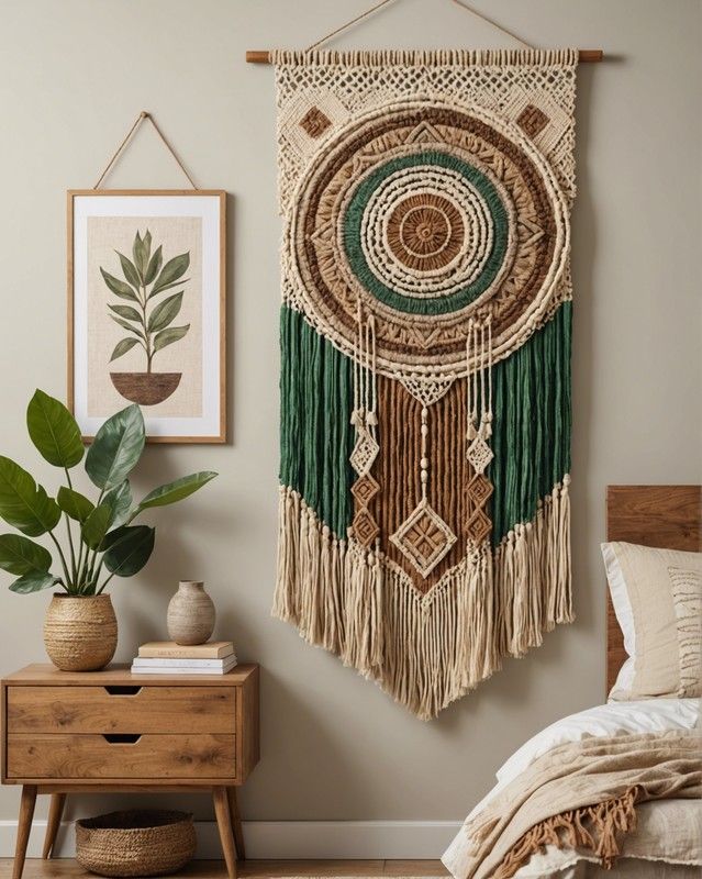 Boho macramé wall hanging with neutral, green and brown tones, beside a wooden nightstand with plants. Cozy decor style.