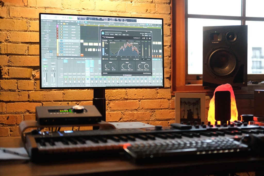 Music production setup with a monitor displaying audio software, a keyboard, and speakers against a brick wall backdrop.