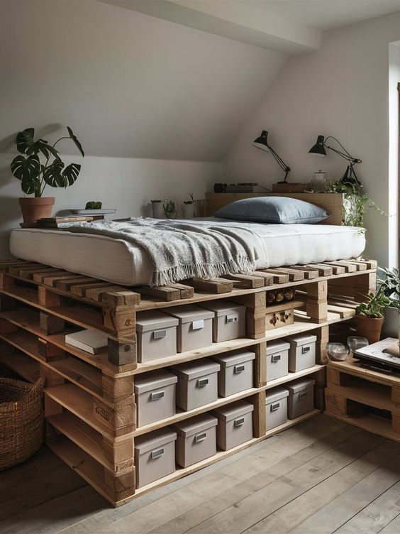 Cozy bedroom with pallet bed design, storage boxes underneath, and decorative plants for a rustic, eco-friendly vibe.