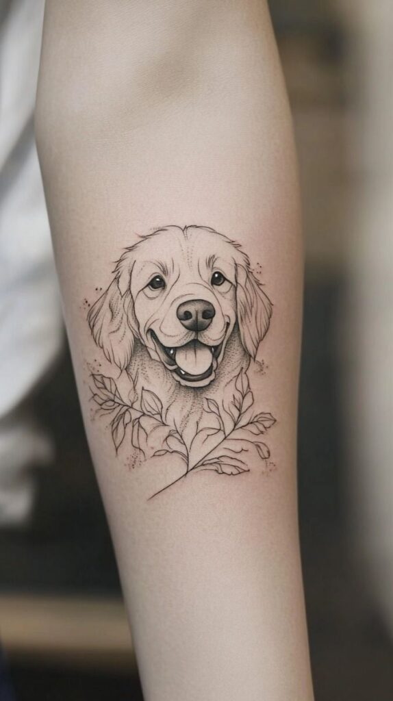 Tattoo of a smiling golden retriever with floral detailing on an arm.