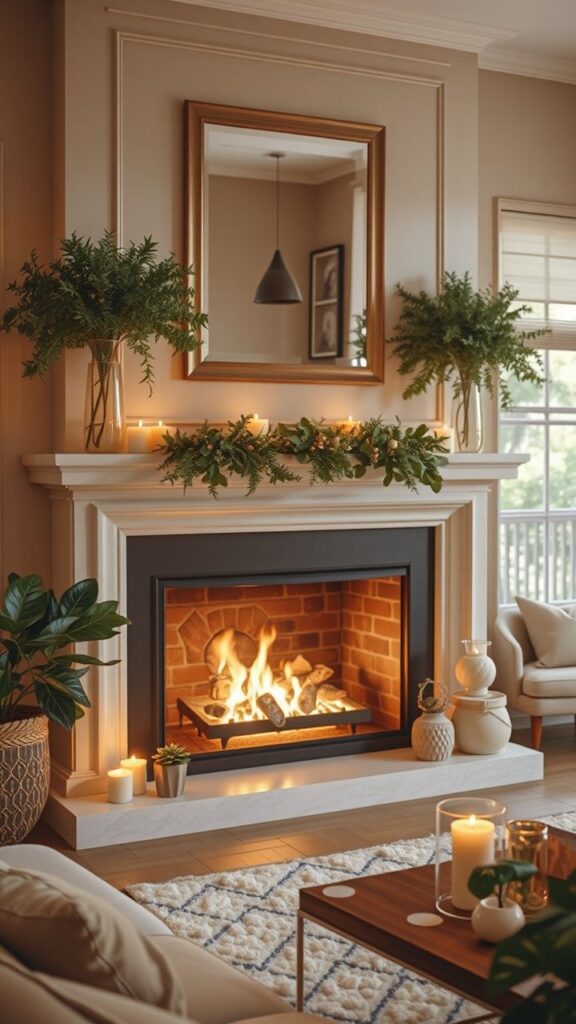 Cozy living room with a warm fireplace, candles, and greenery on the mantel, creating a relaxing ambiance.