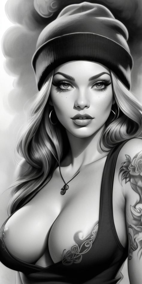 Black and white illustration of a woman with long hair, tattoos, and a beanie, wearing a pendant necklace.