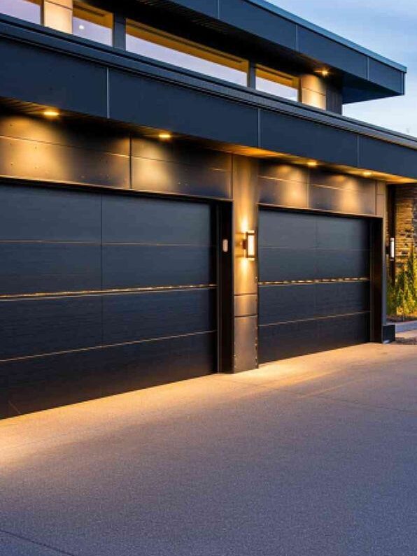 Modern home exterior with illuminated driveway and sleek garage doors at dusk.