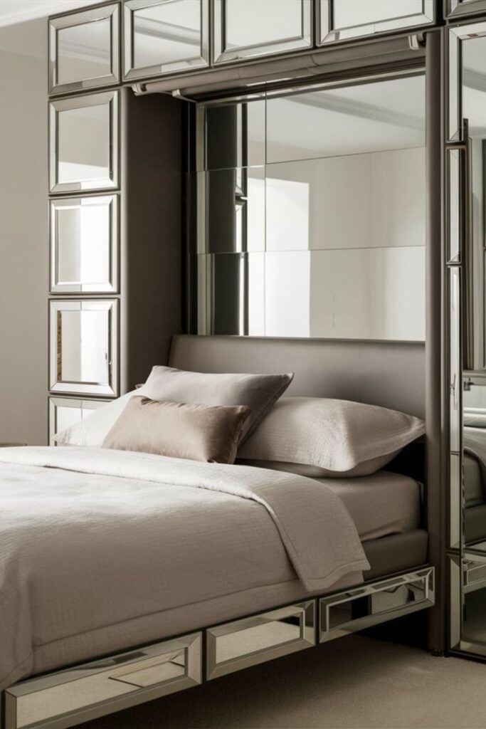 Elegant bedroom with mirrored bed frame and plush pillows, creating a modern and luxurious sleeping space.