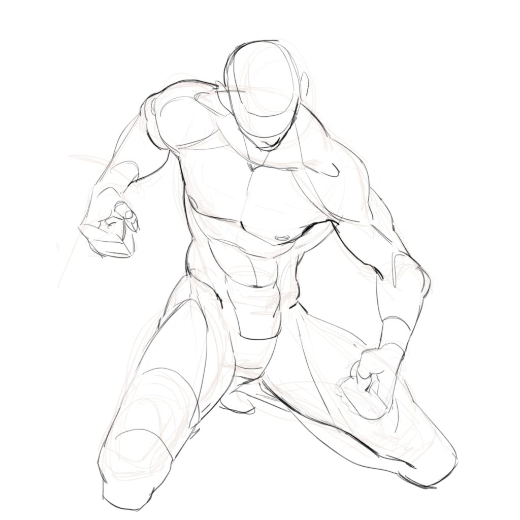 Dynamic sketch of a muscular figure in an action pose, highlighting anatomy and movement in art.