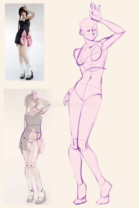 Fashion pose reference with woman in black dress, pink bow, and artistic figure sketch for drawing inspiration.