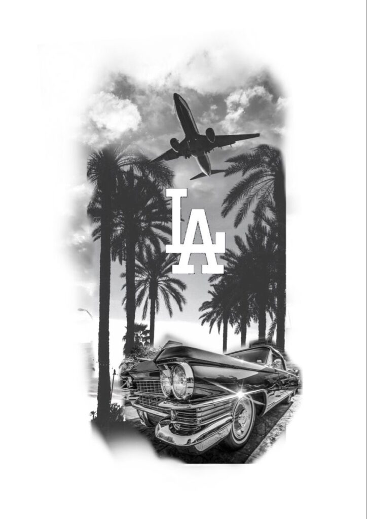 Airplane and classic car with palm trees and LA logo, capturing the essence of Los Angeles nostalgia.