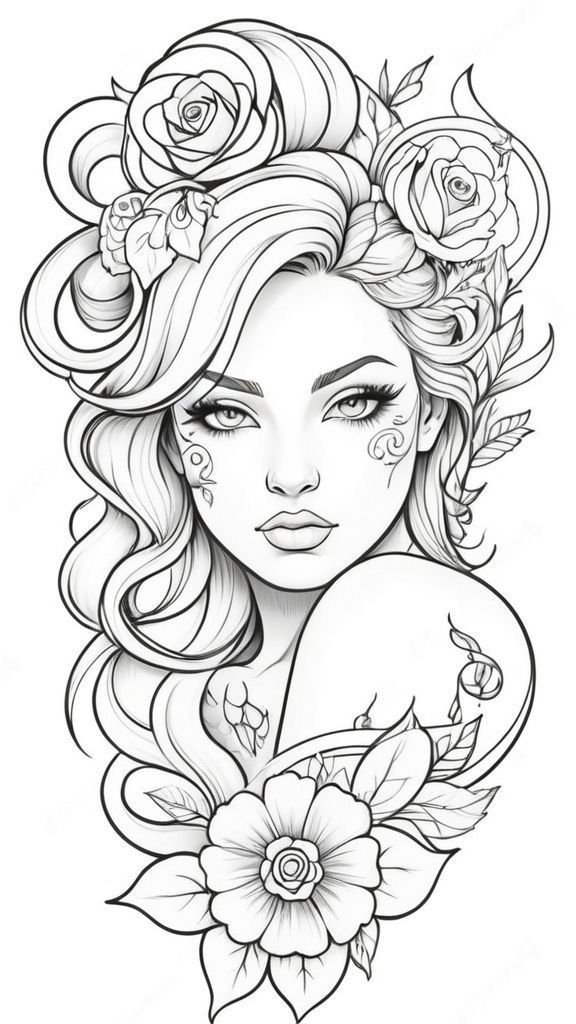 Illustrated woman with floral hair and tattoos, elegant line art drawing in black and white.