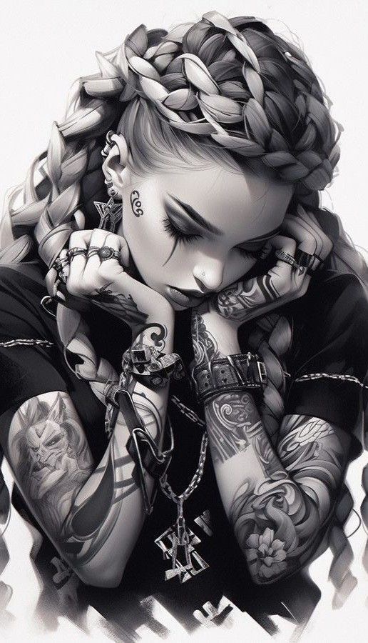 Tattooed woman with braided hair, wearing jewelry, in a thoughtful pose. Black and white artistic portrait.