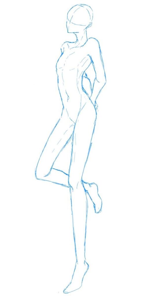 Sketch of a human figure in a dynamic pose, drawn in blue lines, showcasing anatomy and artistic form.