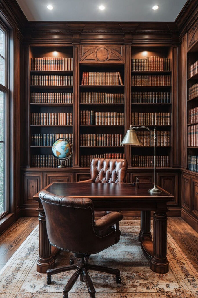 Luxurious home office library with wooden shelves, leather chair, globe, and vintage books. Elegant and refined workspace.