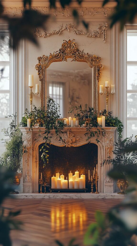 Elegant vintage fireplace adorned with candles and greenery, featuring an ornate mirror in a cozy, luxurious room.