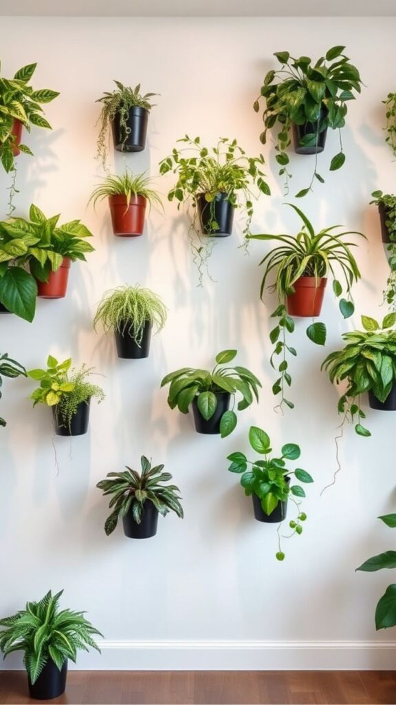 Wall-mounted indoor plants in black pots, creating a green vertical garden on a white background.