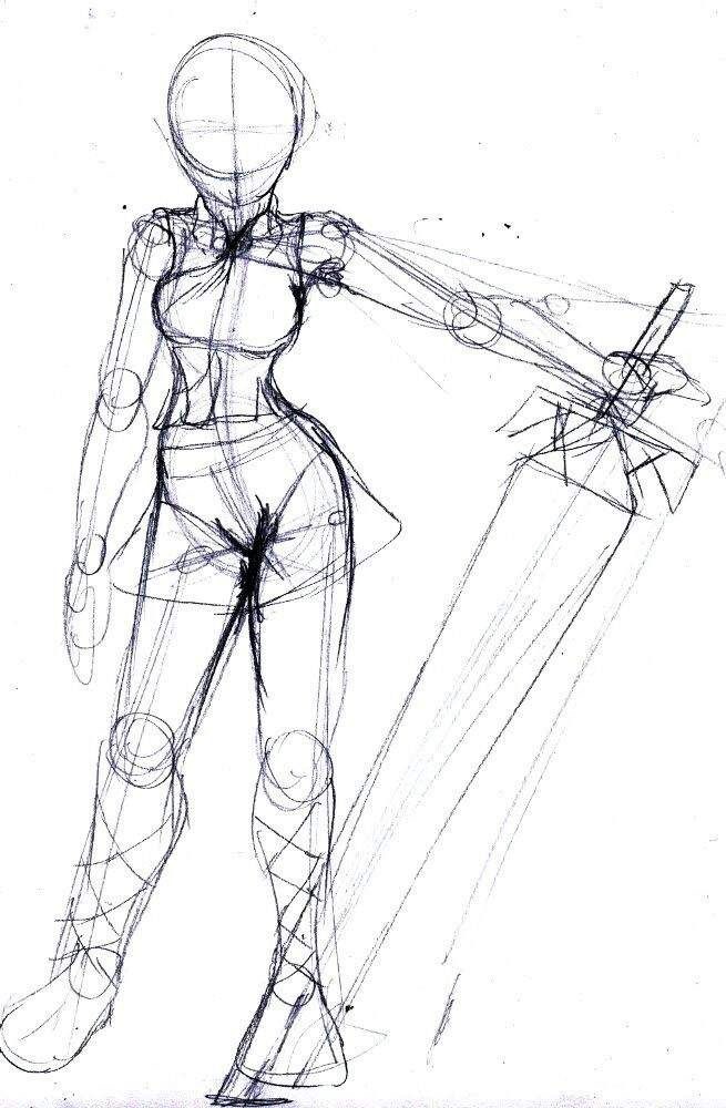 Sketch of a warrior with a large sword, showing dynamic pose and figure drawing techniques.