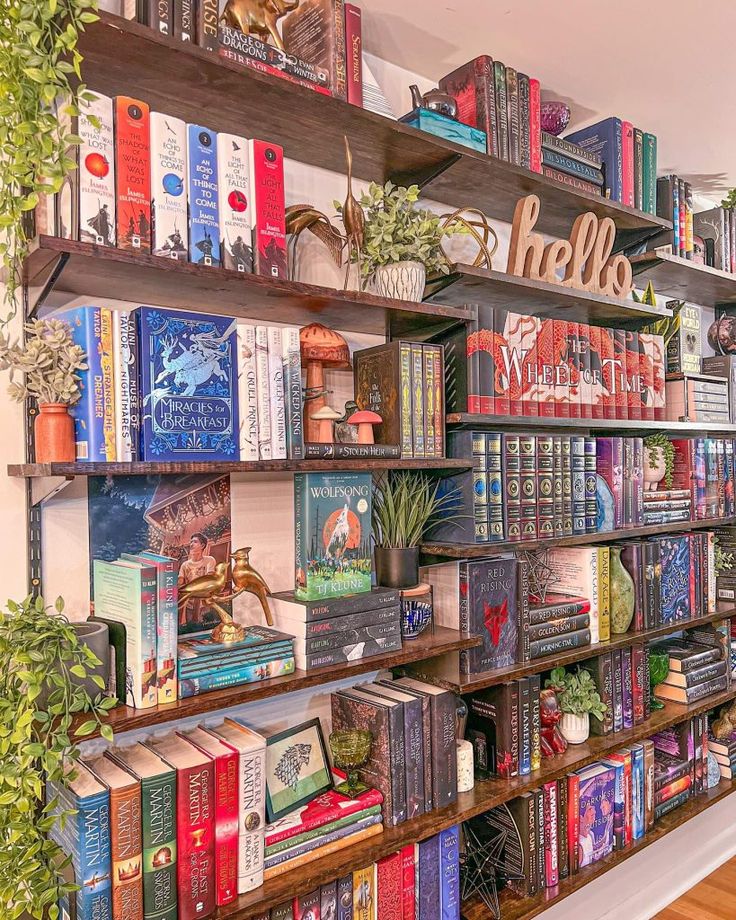 Cozy bookshelf with colorful fantasy novels, plants, and decor, creating a whimsical reading nook vibe.