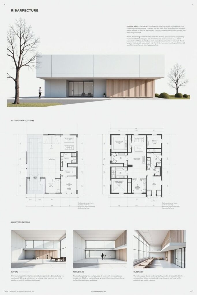 Modern architectural design with floor plans and interior renderings showcasing minimalist aesthetics and functional layout.