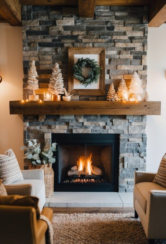 Cozy living room with a stone fireplace, decorated mantel, and a warm, inviting atmosphere.