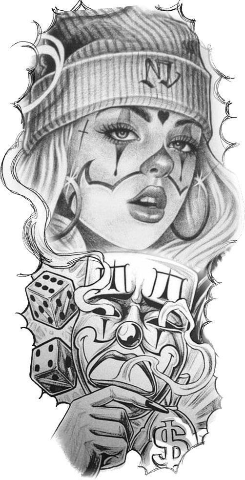 Tattoo design featuring a woman in a beanie, clown makeup, dice, theater mask, and dollar symbol.