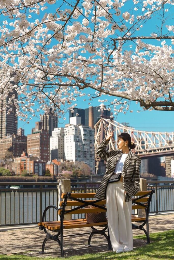 Woman enjoying cherry blossoms by a riverside bench in urban park, with skyline and bridge in the background.