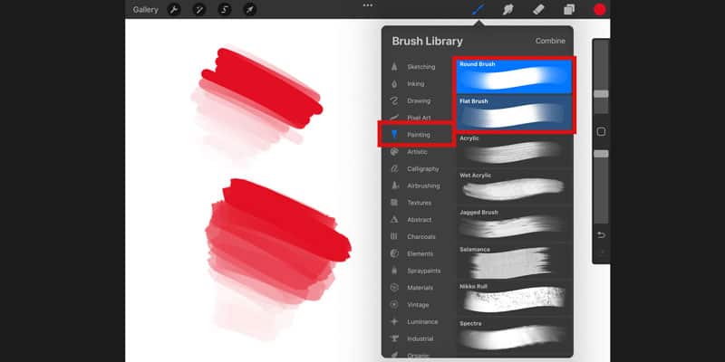 Digital art interface showing brush library and two red brush strokes.