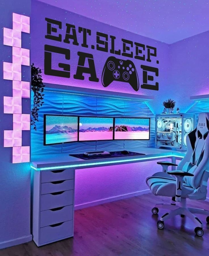 Futuristic gaming setup with neon lighting, triple monitors, and ergonomic chair in a tech-themed room.