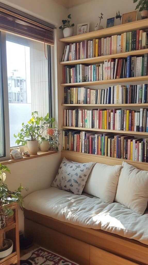 Cozy reading nook with bookshelves, a comfortable daybed, and plants by a window. Perfect spot for relaxation.