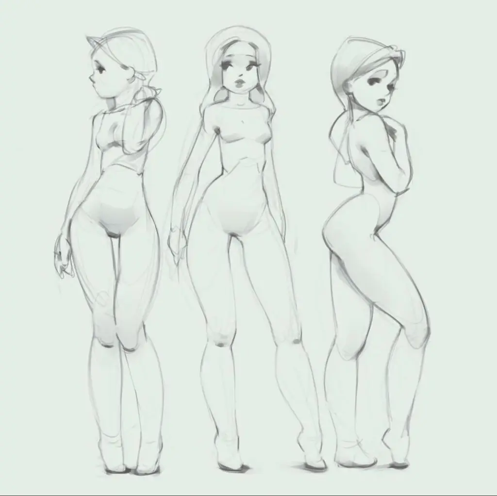 Three cartoon character sketches showing different poses and expressions, highlighting anatomy and style.