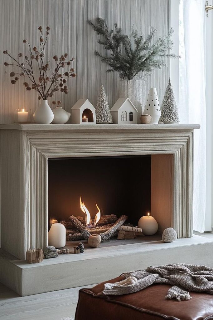 Cozy fireplace with decorative candles, vases, and mini house ornaments on mantel, creating a warm, festive ambiance.