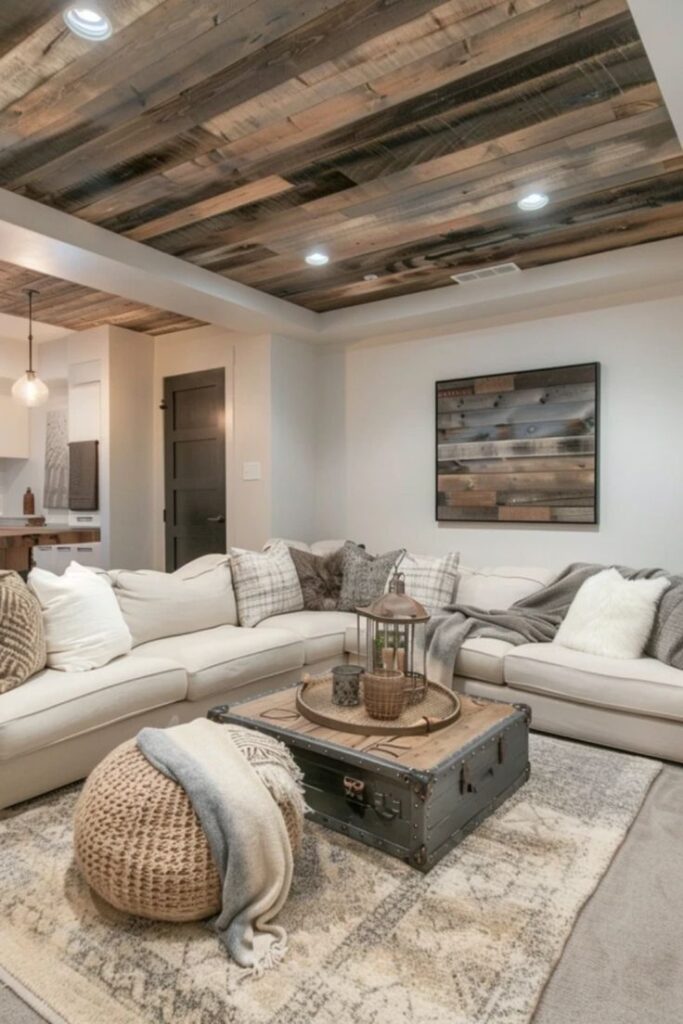 Cozy living room with beige sectional sofa, rustic wood ceiling, and vintage decor accents on a trunk coffee table.