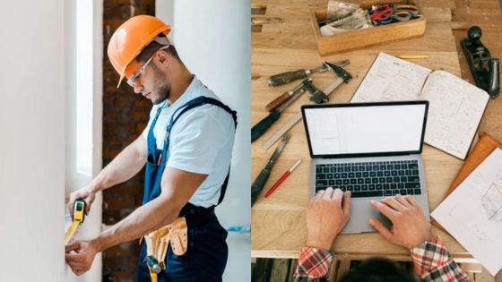 Construction worker measuring wall; desk with laptop and tools, showcasing a blend of manual and digital work.