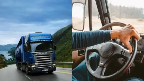 Blue semi-truck driving on highway alongside image of truck driver holding steering wheel.
