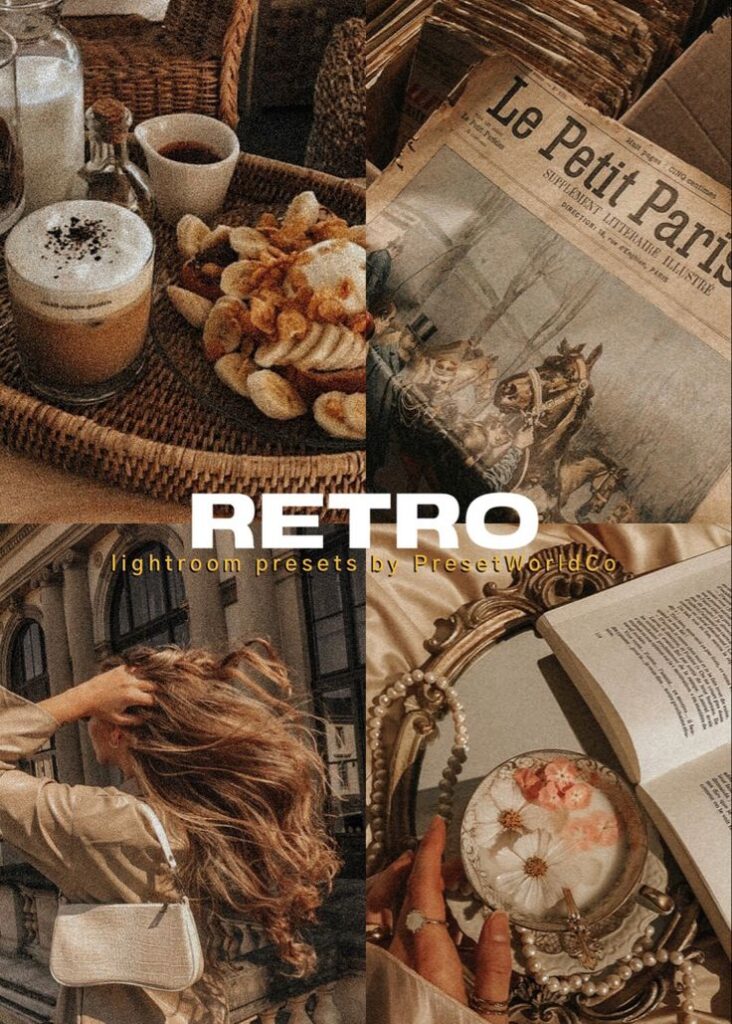 Retro Lightroom presets showcase vintage aesthetics: coffee, newspaper, fashion, and decor for a nostalgic vibe.